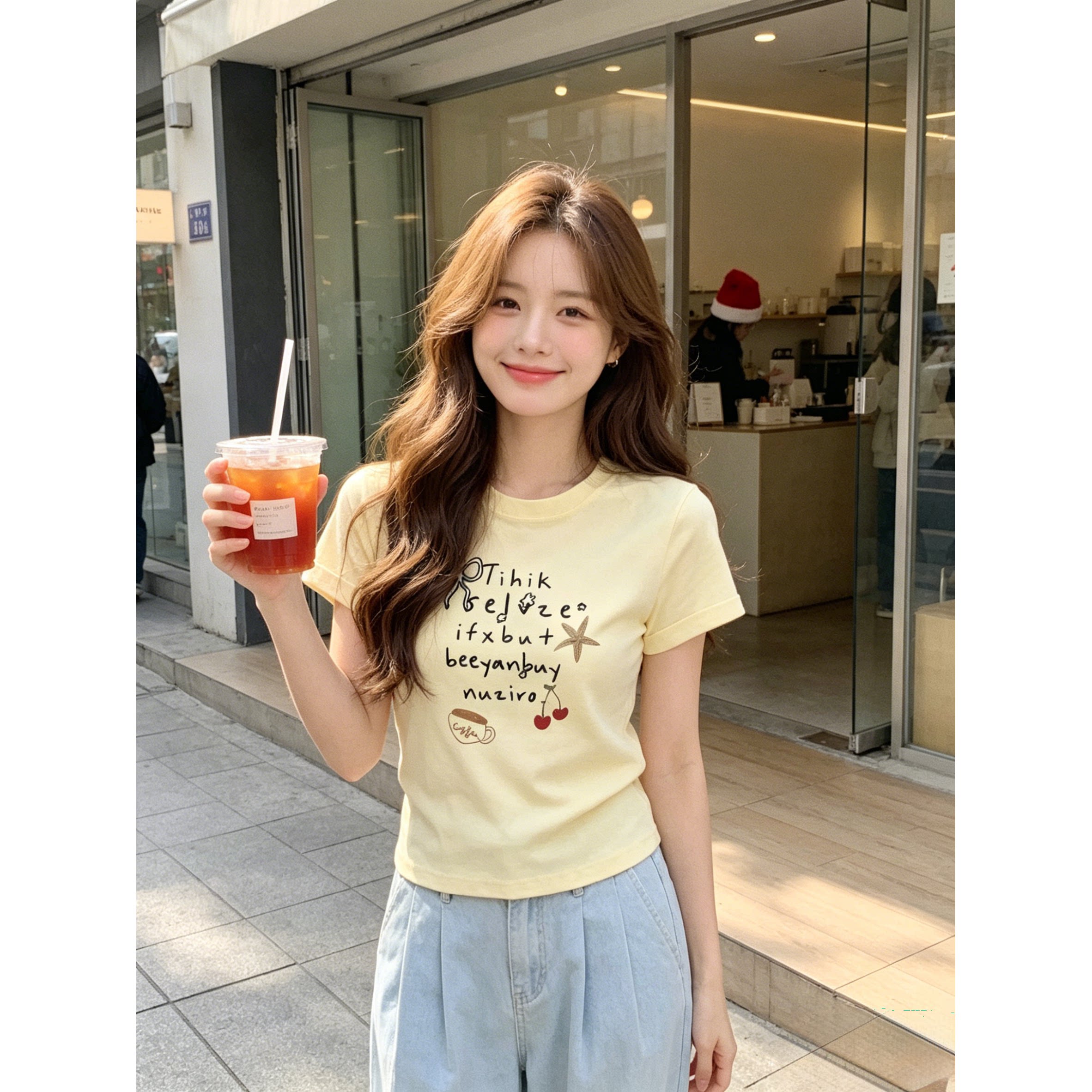 奶黄色减龄显白设计感正肩短款小众短袖T恤上衣女圆领百搭甜辣风