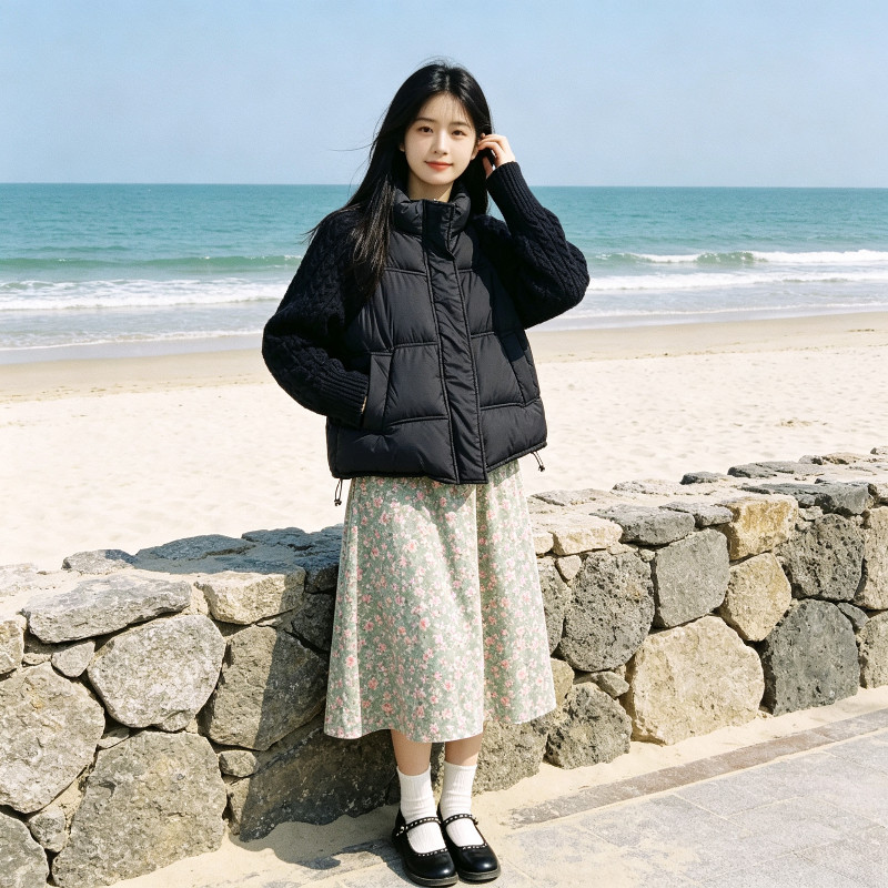 欧货针织麻花袖子拼接宽松大码休闲百搭气质棉服外套女面包服洋气
