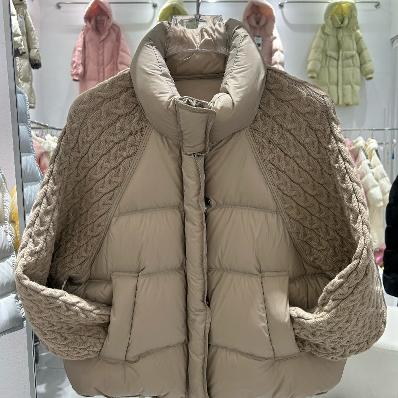 欧货冬季针织麻花袖子拼接设计感立领宽松大码小个子棉服外套女式
