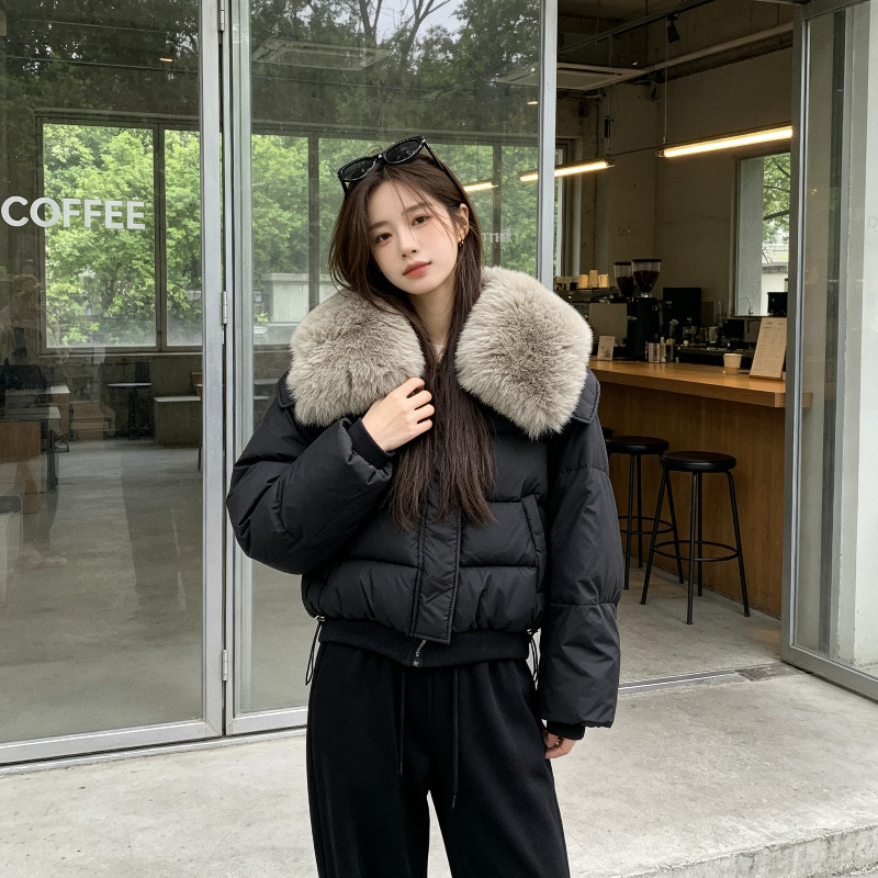 冬季大毛领加厚保暖防寒宽松大码翻领短款棉服外套女面包服棉袄潮