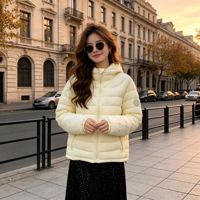 奶黄色温柔风减龄秋冬设计感轻薄保暖防寒连帽棉服外套女排骨服潮