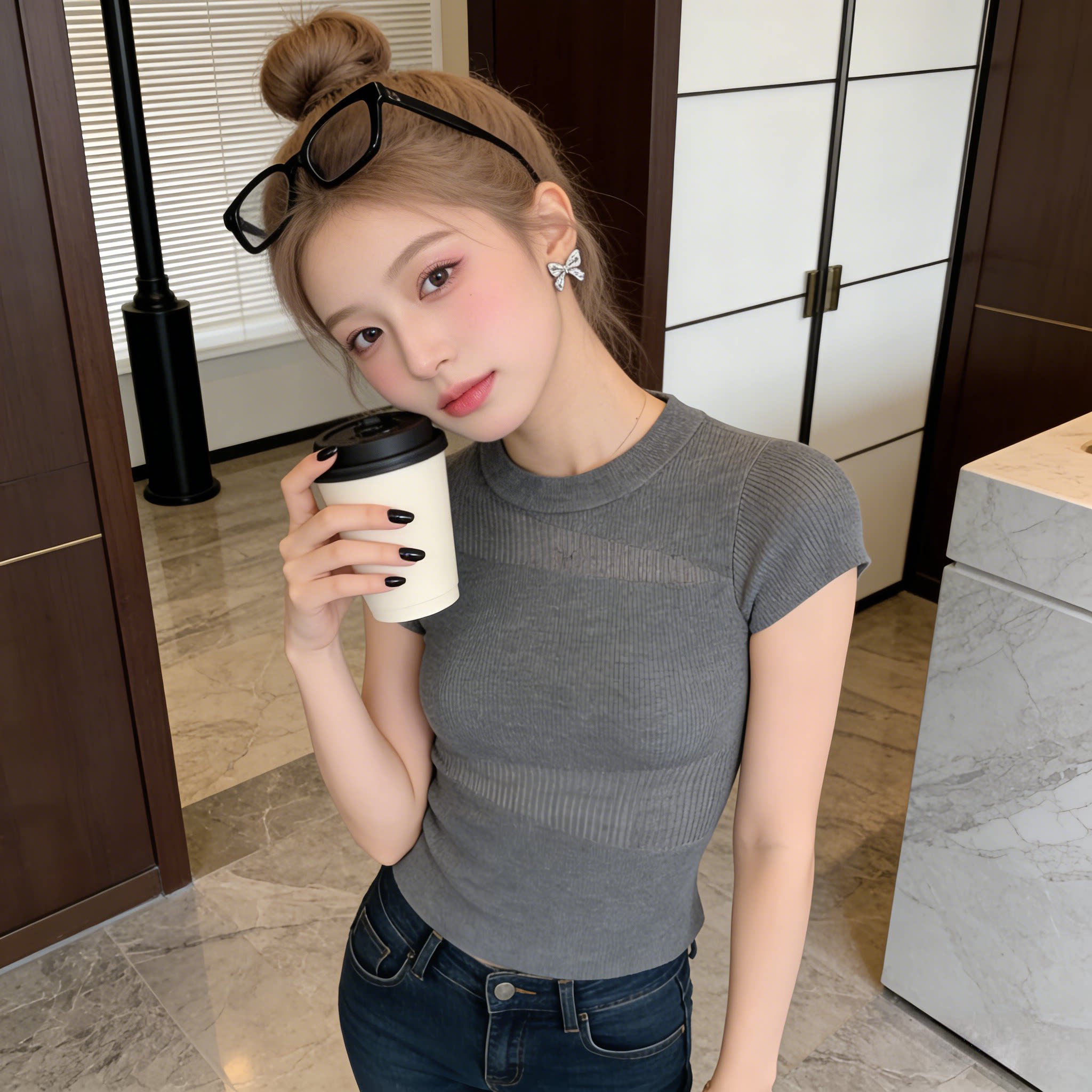 灰色镂空套头圆领短袖针织衫女夏季新款微胖大码女装打底内搭上衣