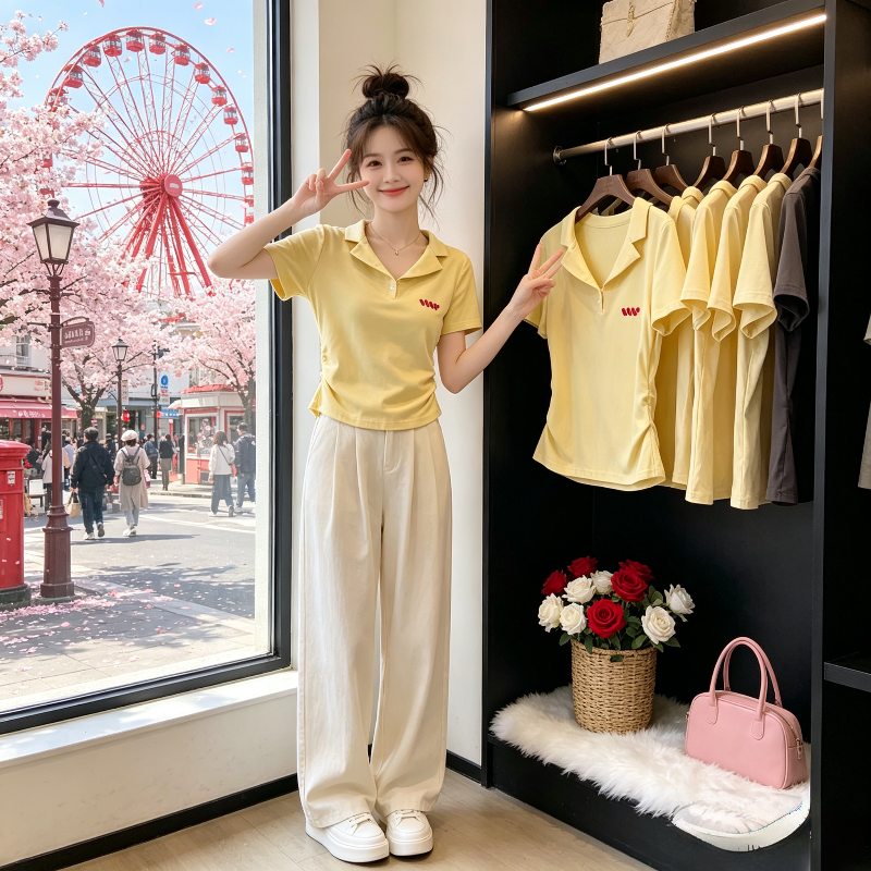 奶黄色设计感夏季正肩修身掐腰显瘦小个子Polo衫短袖T恤女上衣潮