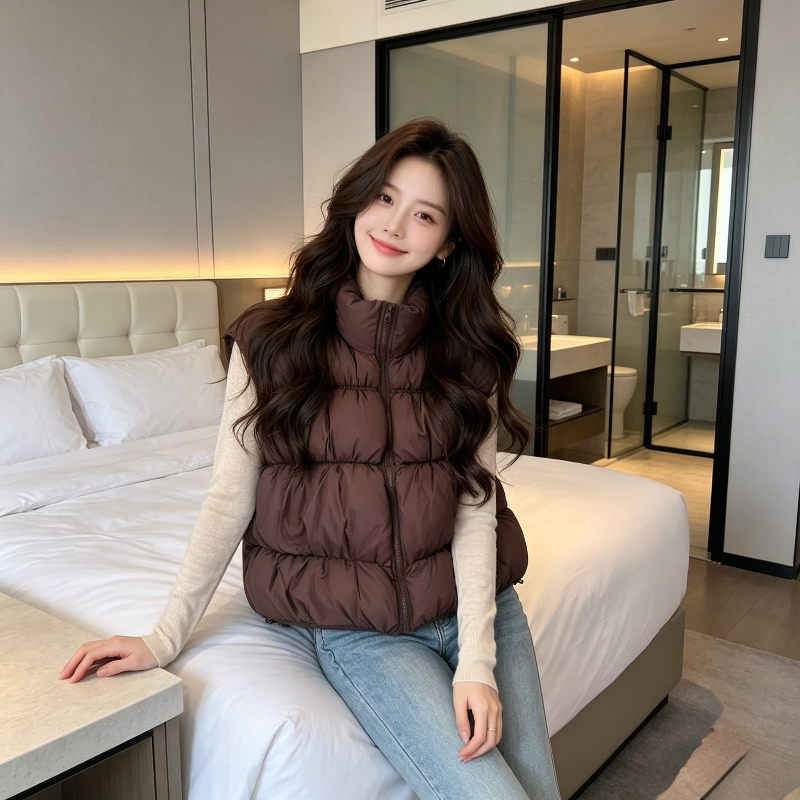 慵懒风立领无袖坎肩棉服马夹外套女秋冬设计感宽松大码小个子马甲