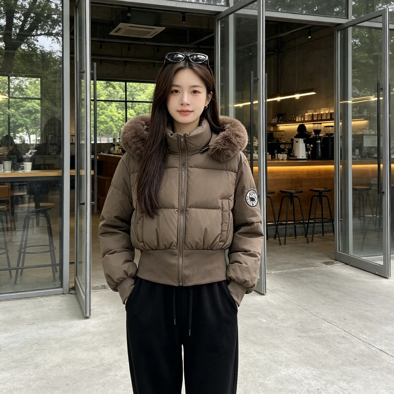 大毛领连帽加厚保暖防寒短款收腰显瘦小个子宽松棉服外套女面包服