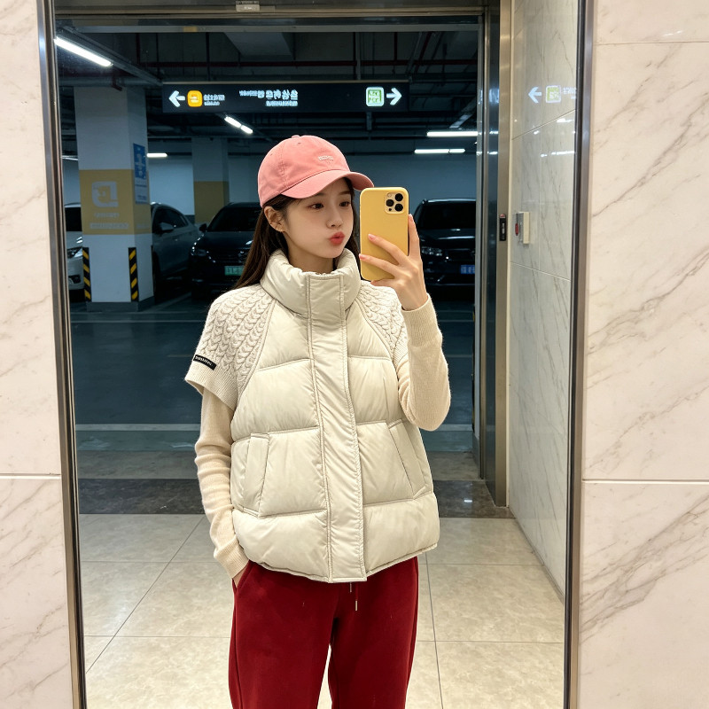 欧货慵懒风宽松大码针织短袖拼接棉服马夹外套女气质百搭保暖防寒