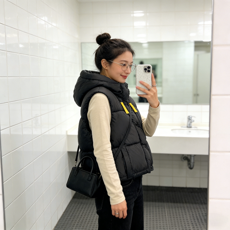 慵懒风设计感连帽宽松大码小个子无袖坎肩棉服马夹外套女背心马甲