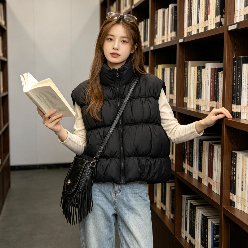 夏季慵懒风设计感宽松大码小个子立领无袖坎肩棉服马夹外套女洋气