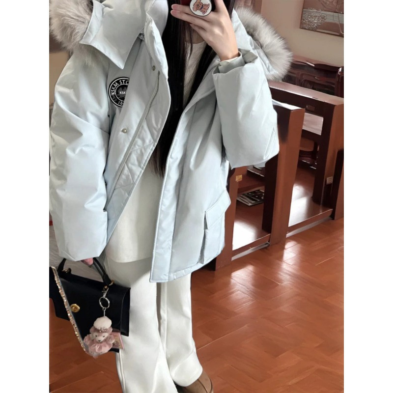 工装港风连帽毛领加绒加厚保暖防寒宽松大码小个子派克棉服外套女