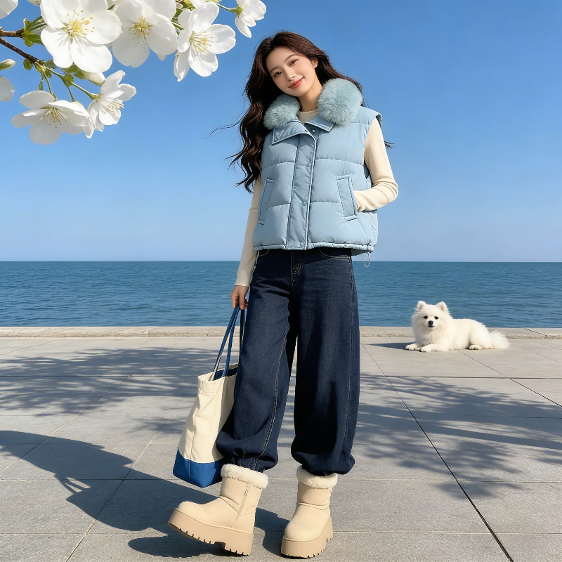 蓝色大毛领设计感短款宽松小个子无袖坎肩棉服马夹外套女洋气百搭