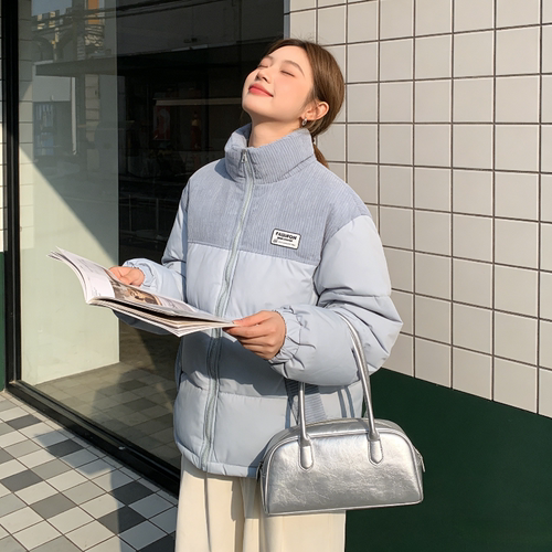 慵懒风设计感拼接撞色加厚保暖立领宽松大码小个子棉服外套女棉袄