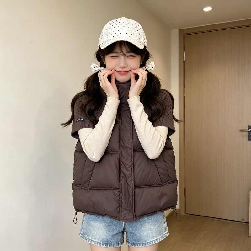 欧货拼接立领设计感休闲宽松大码小个子短袖棉服马夹外套女气质潮