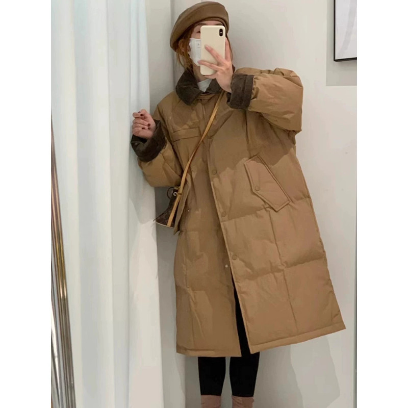 欧货轻奢风气质翻领中长款过膝大码休闲棉服外套女百搭棉袄大衣潮