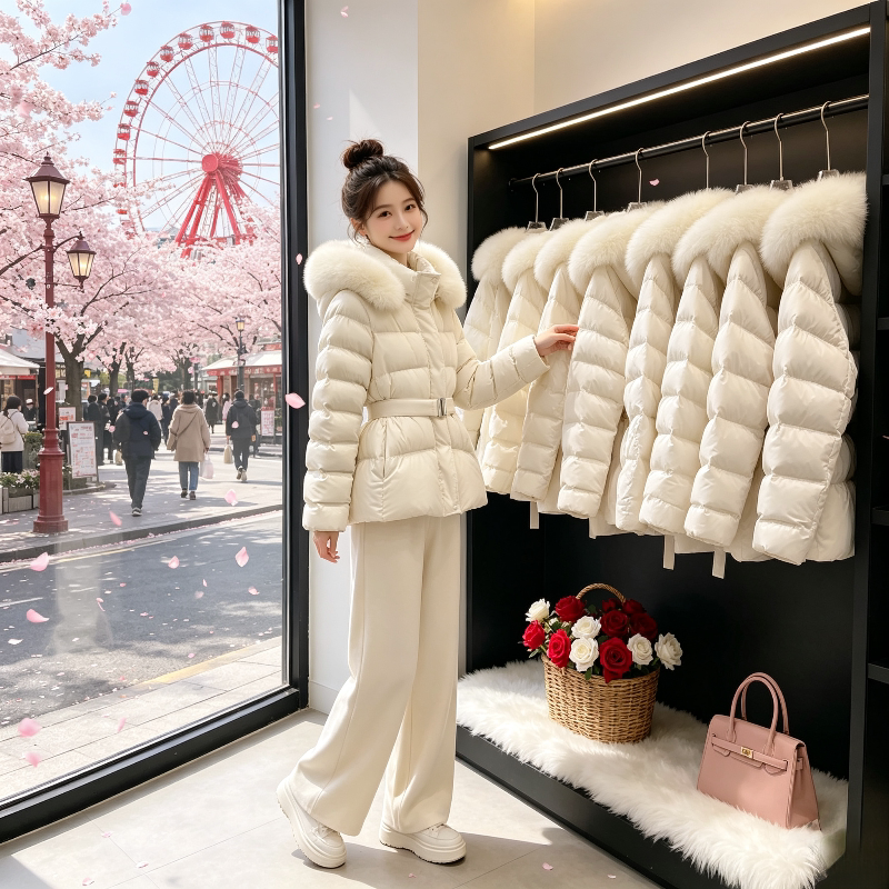 白色温柔风连帽大毛领宽松大码小个子收腰显瘦洋气加厚棉服外套女