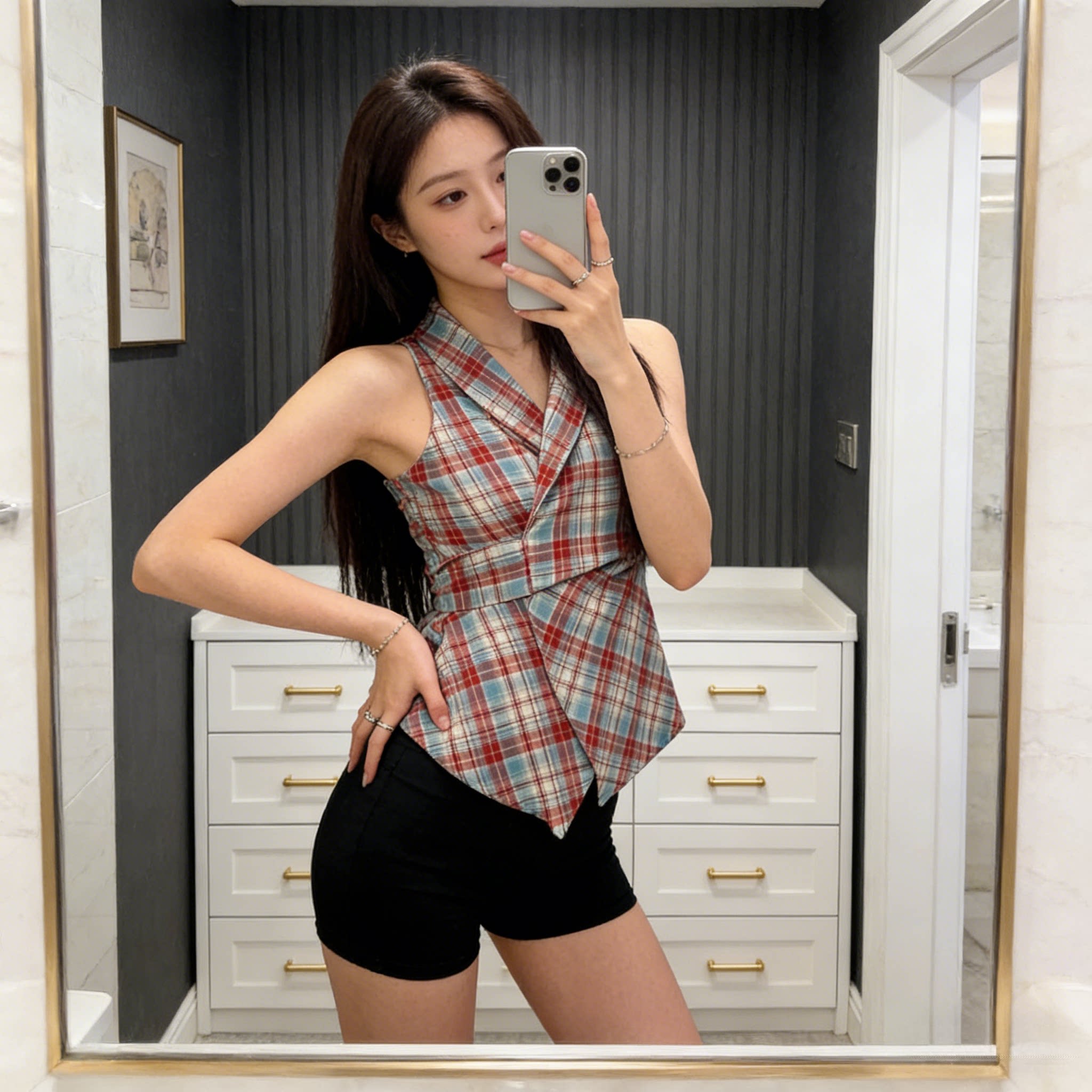 不规则格子v领无袖马甲吊带背心女夏外穿设计感系带收腰气质上衣