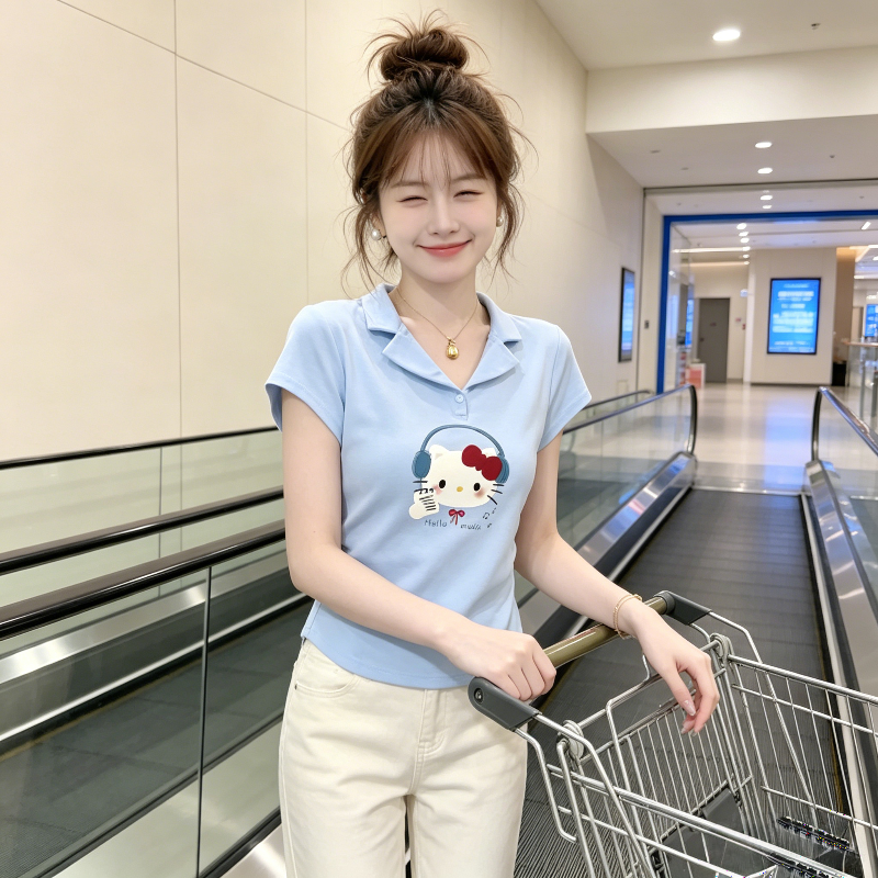 Polo衫正肩短袖T恤女夏季修身显瘦小个子短款掐腰洋气上衣百搭潮