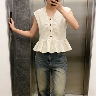 法式V领掐腰荷叶边下摆短袖衬衫大码女装超好看显白黄色褶皱上衣