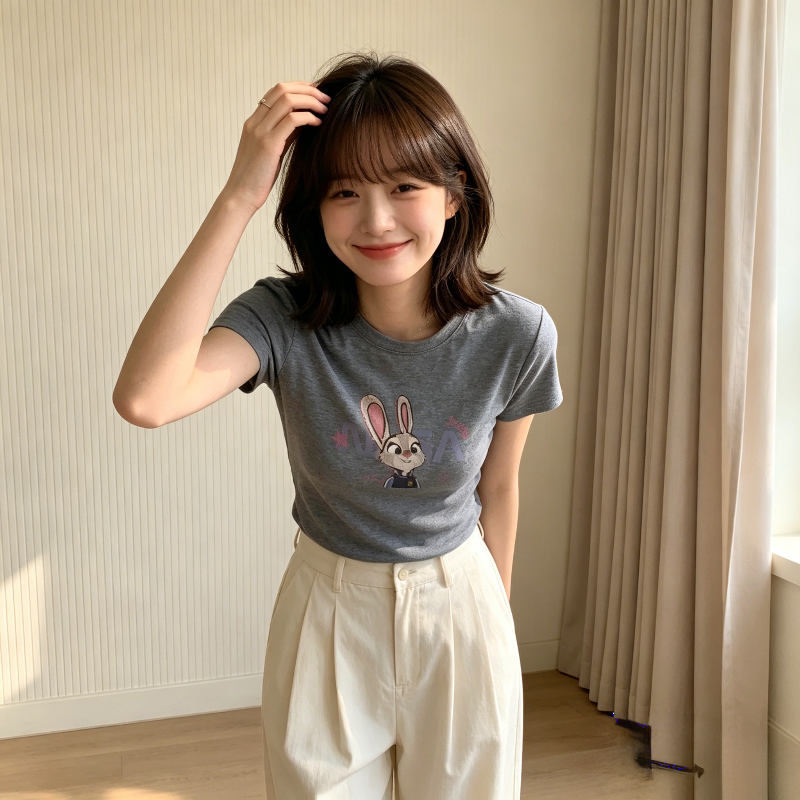 修身显瘦气质欧货正肩小飞袖兔子印花短袖T恤上衣女减龄小个子潮