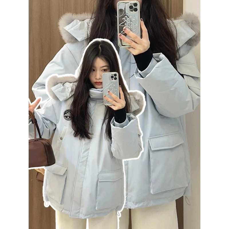 慵懒风连帽毛领加厚保暖防寒宽松大码小个子工装棉服外套女派克潮