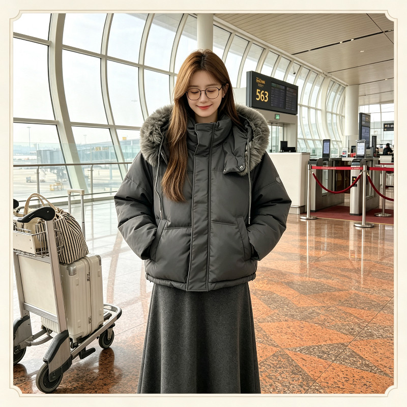 高级灰欧货冬季大毛领加厚保暖连帽宽松大码休闲棉服外套女面包服