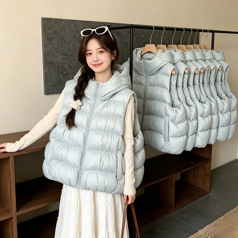 慵懒风秋冬宽松大码小个子加厚保暖连帽无袖坎肩棉服马夹外套女潮