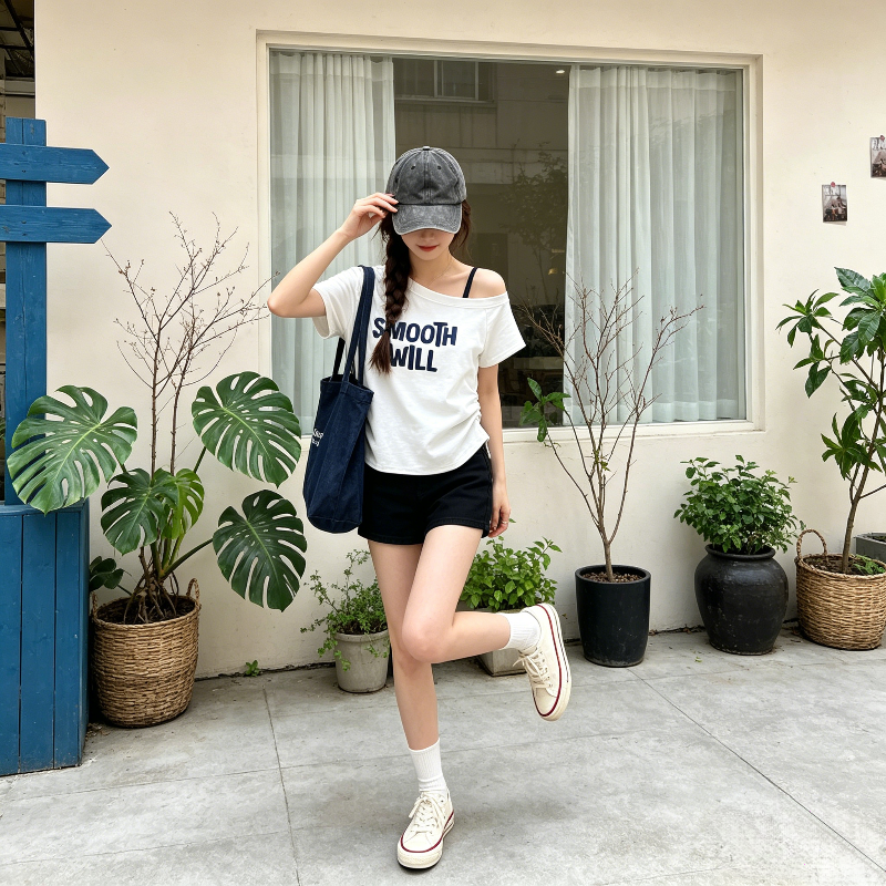 露肩吊带设计感甜辣风减龄休闲掐腰短袖小飞袖T恤上衣女洋气百搭
