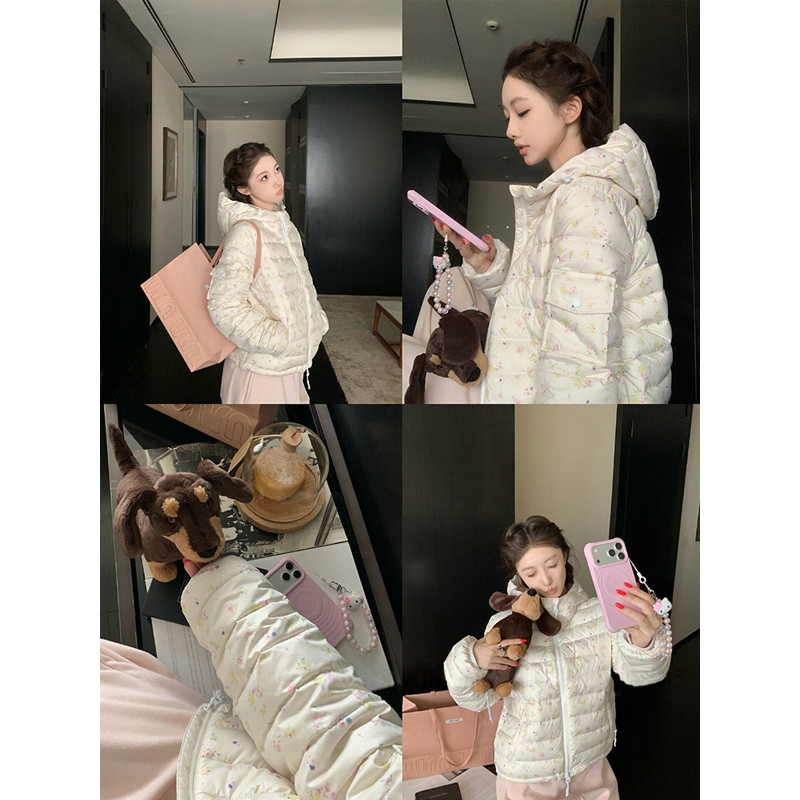 小碎花连帽设计感小个子休闲百搭轻薄款排骨服外套女棉服棉袄减龄