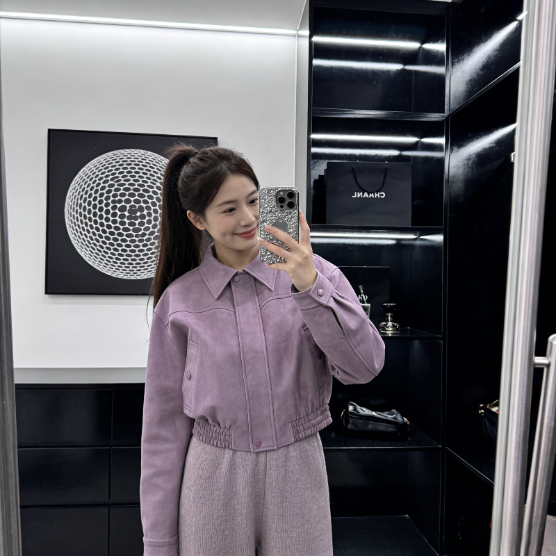 紫色皮衣外套女2026早春设计感翻领洋气短款小个子免洗亮面夹克潮