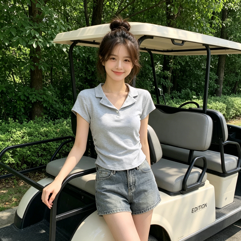 Polo衫翻领短袖T恤女夏季掐腰修身显瘦小个子设计感洋气上衣女潮