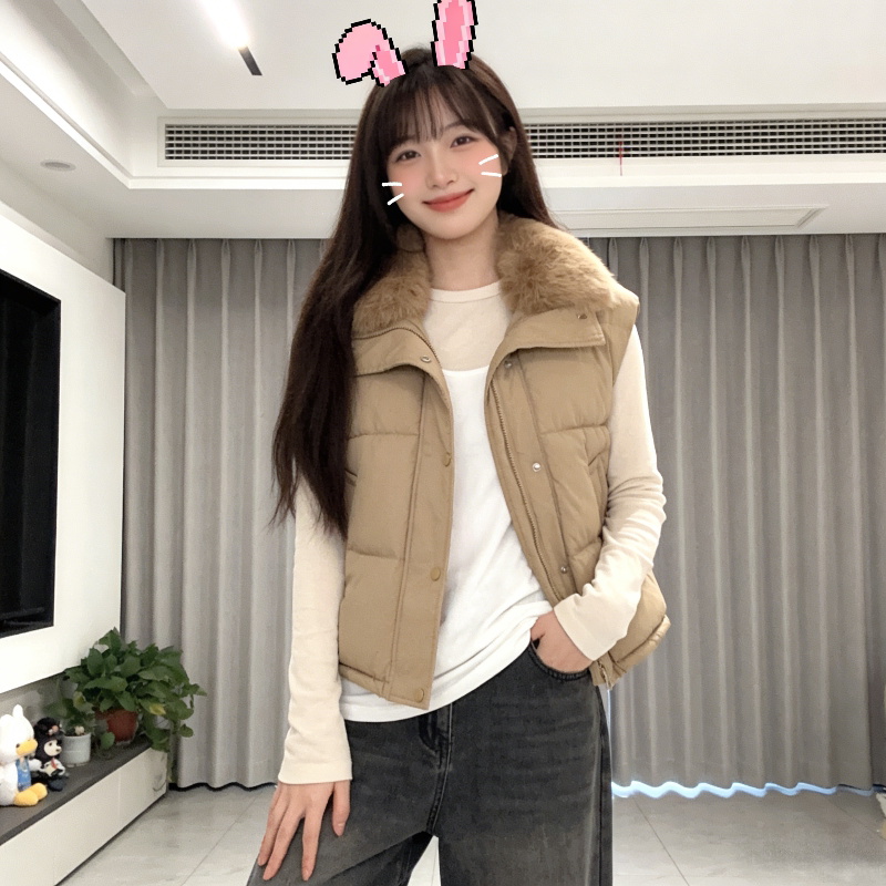 大毛领秋冬设计感短款小个子宽松无袖坎肩棉服马夹外套女百搭背心