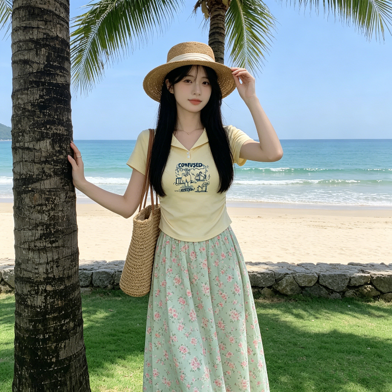 奶黄色温柔风掐腰修身显瘦短款Polo衫短袖T恤女正肩洋气上衣百搭