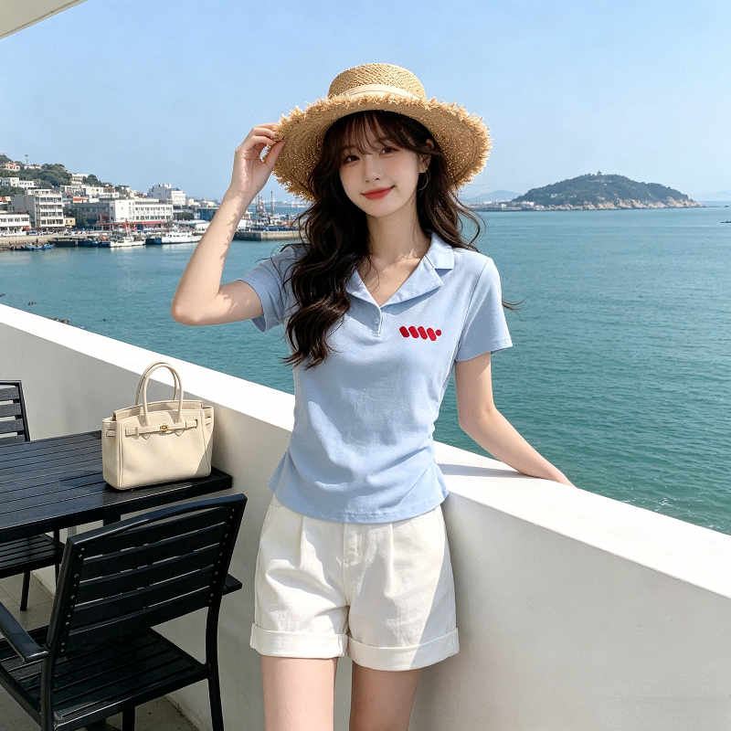 夏季设计感短款修身显瘦小众掐腰Polo衫短袖T恤女小个子洋气正肩
