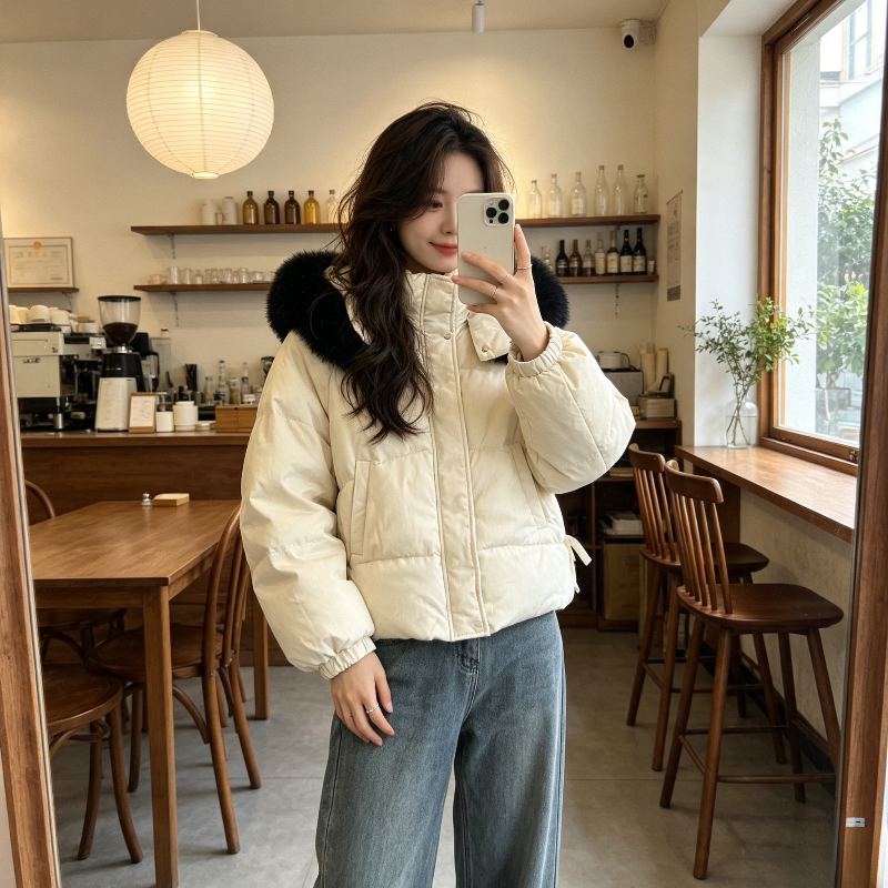 大毛领连帽轻奢设计感收腰显瘦小个子加厚保暖宽松棉服外套女棉袄
