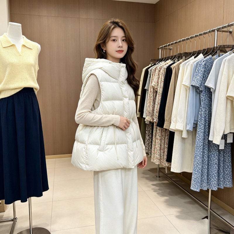 白色温柔风连帽宽松大码小个子无袖坎肩棉服马夹外套女减龄百搭潮