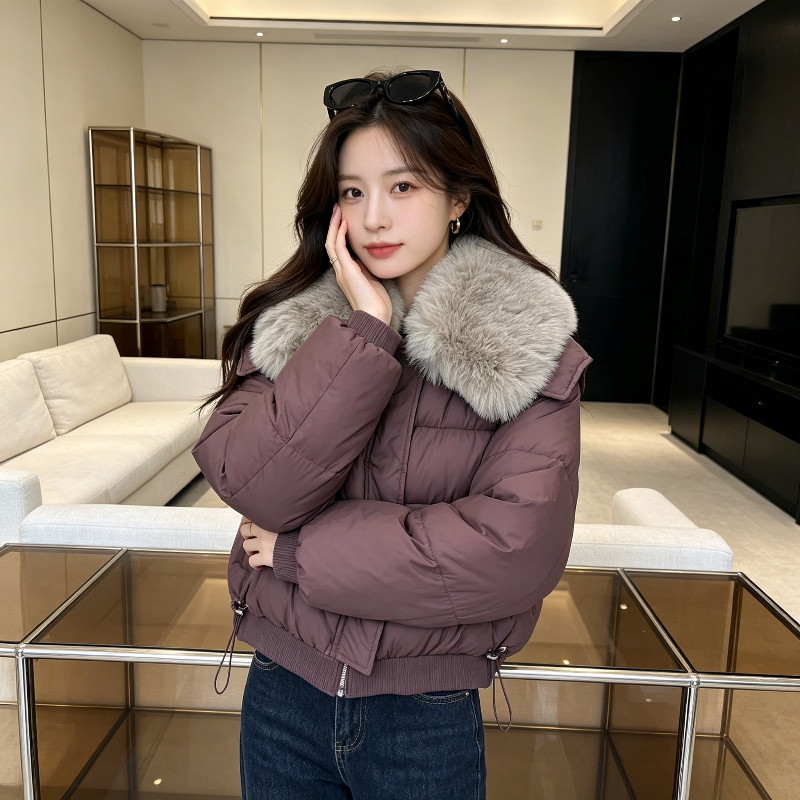 冬季欧货大翻领毛领设计感宽松短款休闲加厚保暖防寒棉服外套女潮