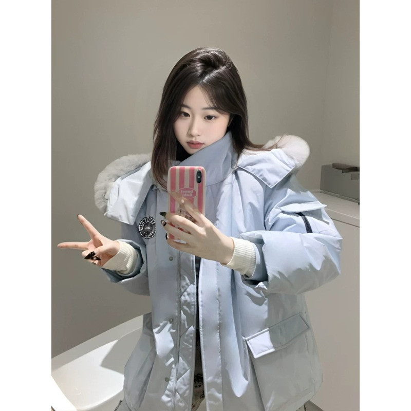 冬季毛领连帽加厚保暖防寒宽松大码小个子慵懒风工装棉服外套女潮