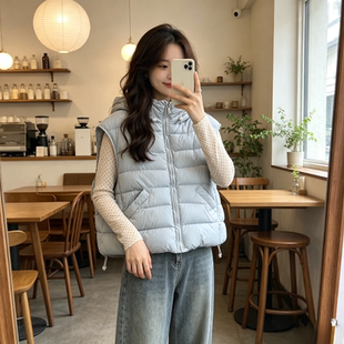 雾霾蓝慵懒风宽松大码小个子连帽无袖坎肩休闲棉服马夹外套女减龄