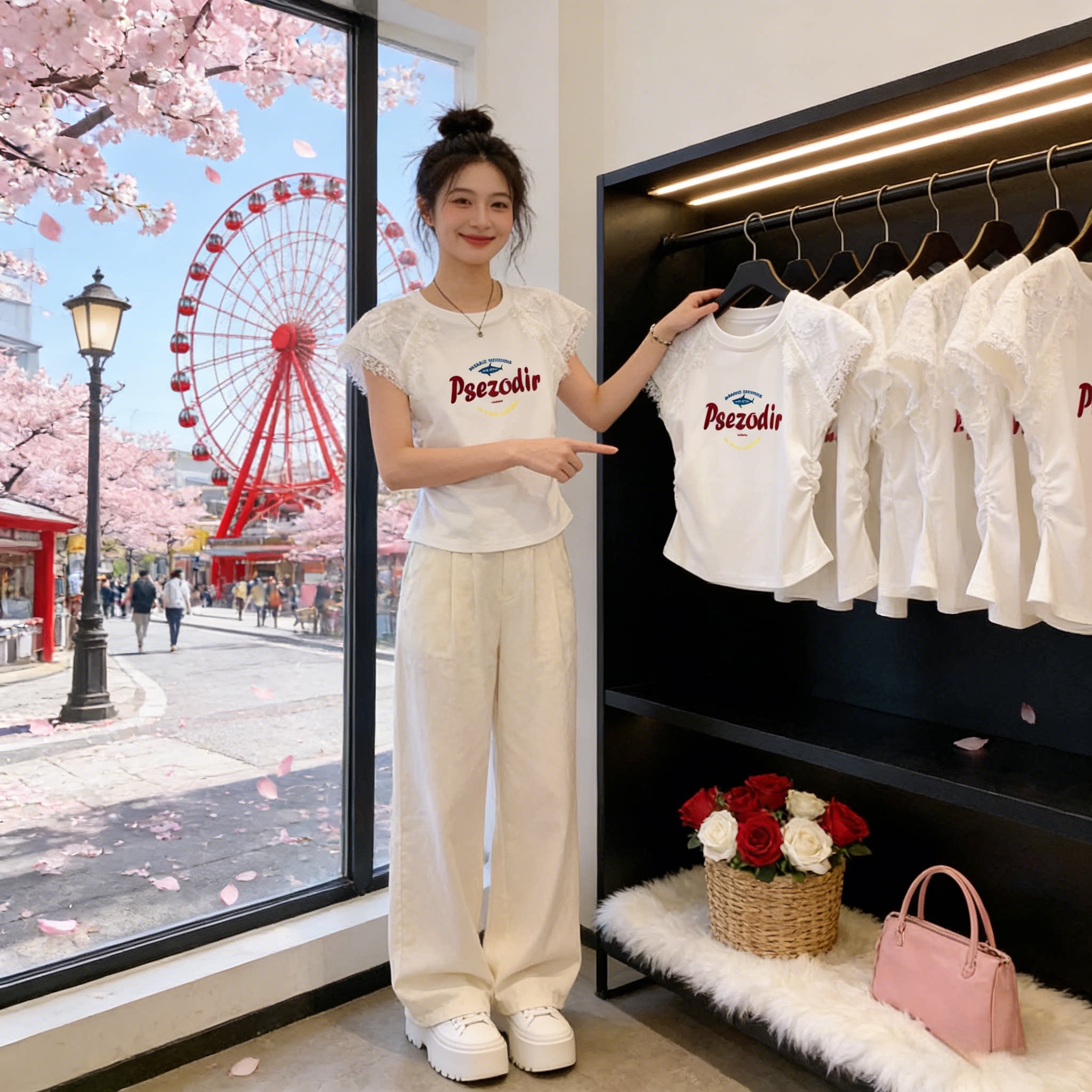 美式白色正肩蕾丝短袖t恤女2026春夏新款设计感褶皱短款收腰上衣