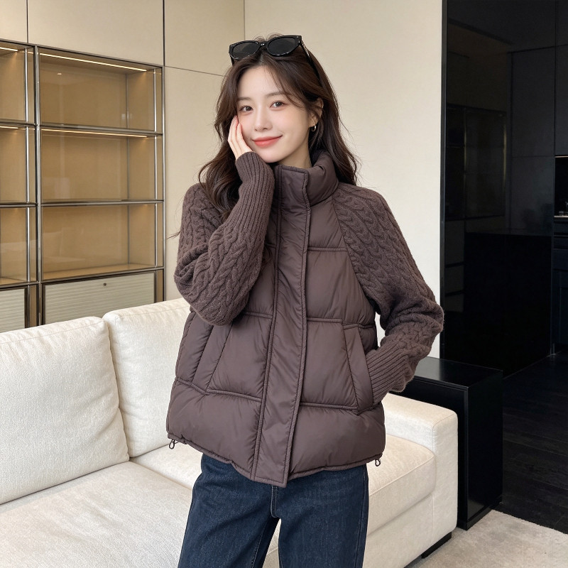 冬季欧货立领针织麻花袖子拼接休闲宽松小个子棉服外套女保暖防寒