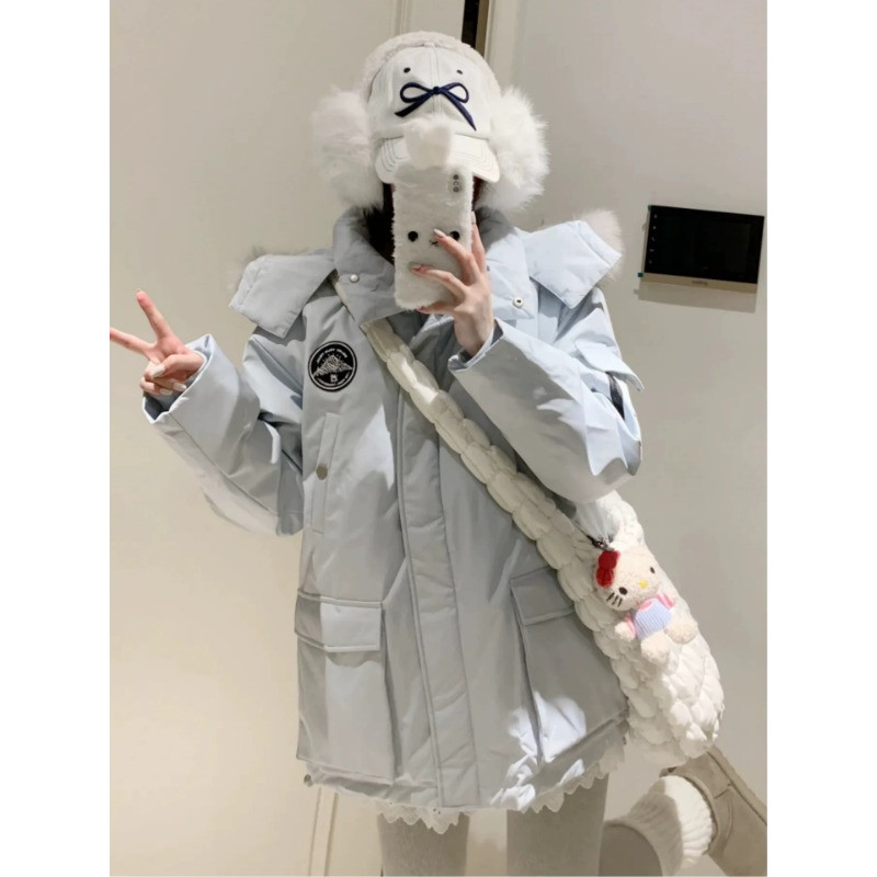 冬季连帽工装毛领加厚保暖防寒宽松大码小个子棉服外套女派克棉袄
