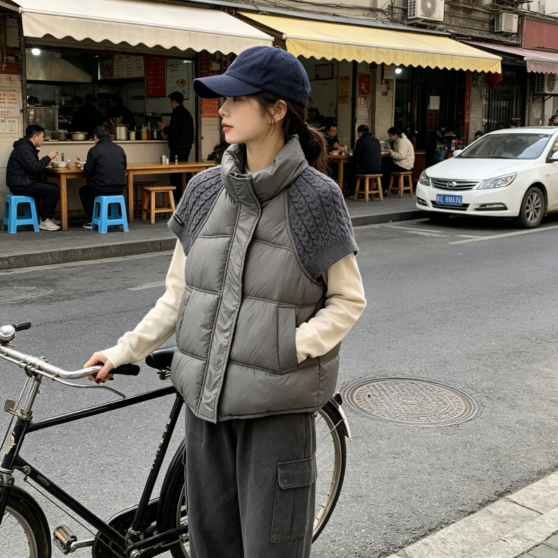 欧货秋冬设计感立领针织短袖拼接休闲百搭气质棉服马夹外套女洋气