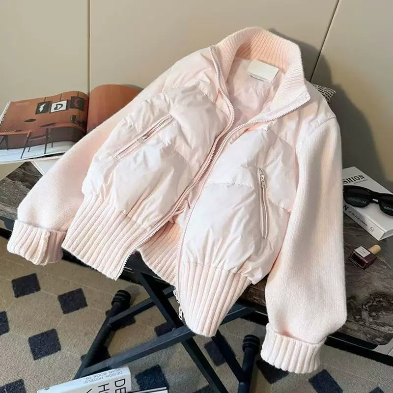 冬季针织袖子拼接设计感轻奢粉色减龄休闲百搭保暖立领棉服外套女
