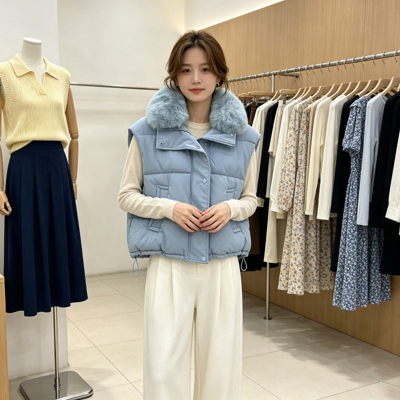 水蓝色大毛领设计感休闲宽松大码小个子短款无袖棉服马夹外套女潮