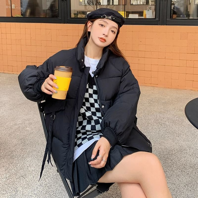 棉服女冬季新款学生外套加厚棉衣黑色棉袄短款面包服oversize外套
