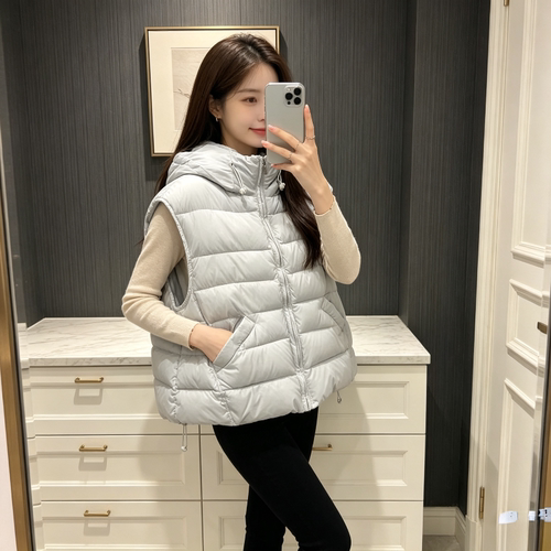 雾霾蓝温柔风减龄连帽设计感宽松大码小个子无袖棉服马夹外套女潮