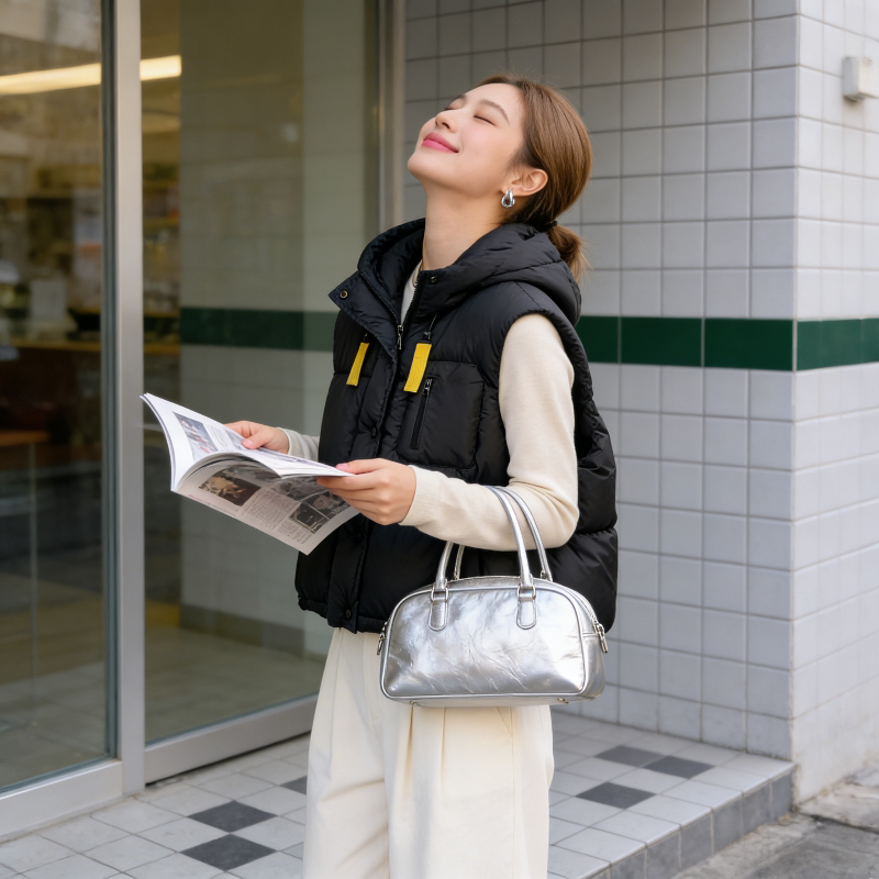 慵懒风设计感宽松大码连帽小个子无袖坎肩棉服马甲外套女背心马夹