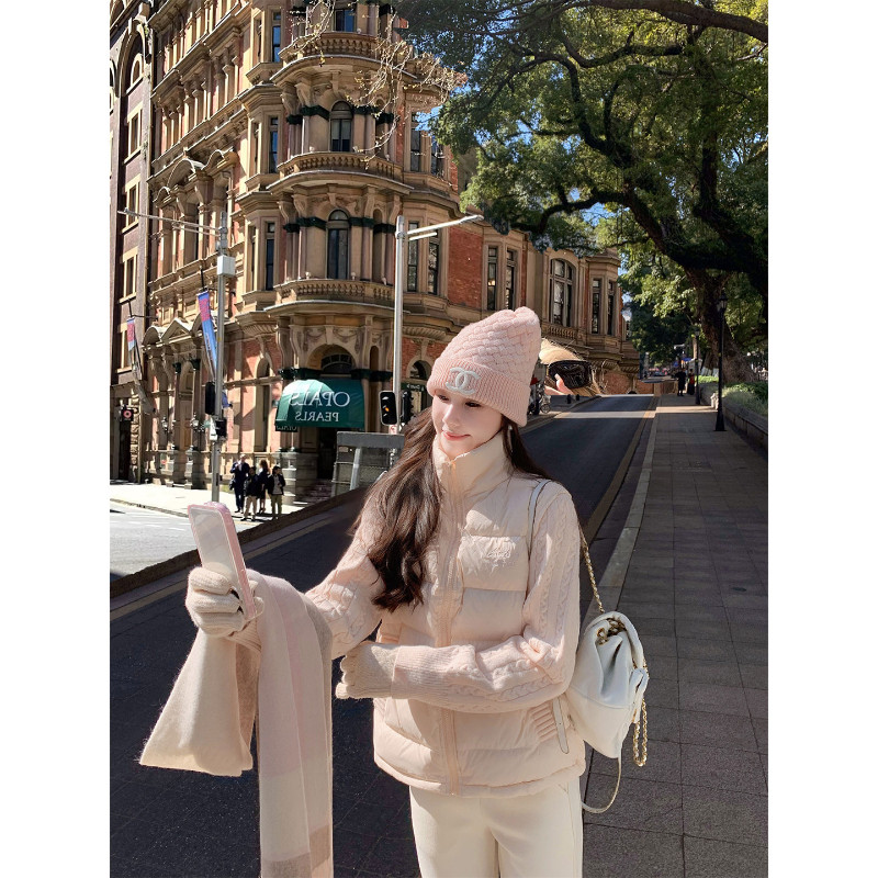 粉色温柔风设计感立领麻花针织袖子拼接宽松休闲小个子棉服外套女