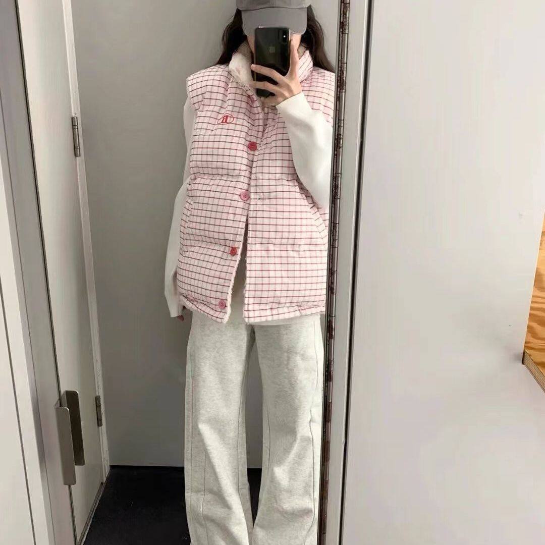 粉色格子温柔风减龄羊羔毛双面两穿立领短款保暖棉服马夹外套女潮
