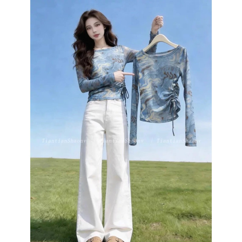 夏季慵懒风设计感薄款冰丝透气休闲设计感抽褶上衣女长袖T恤洋气