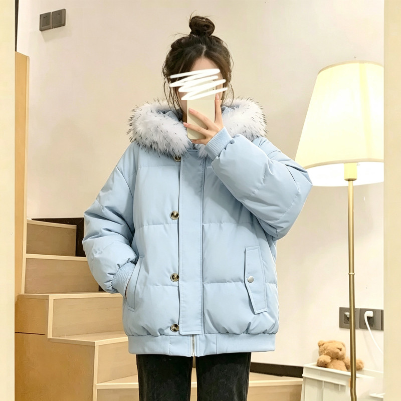 温柔风水蓝色减龄冬季大毛领轻奢气质连帽保暖加厚棉服外套女洋气